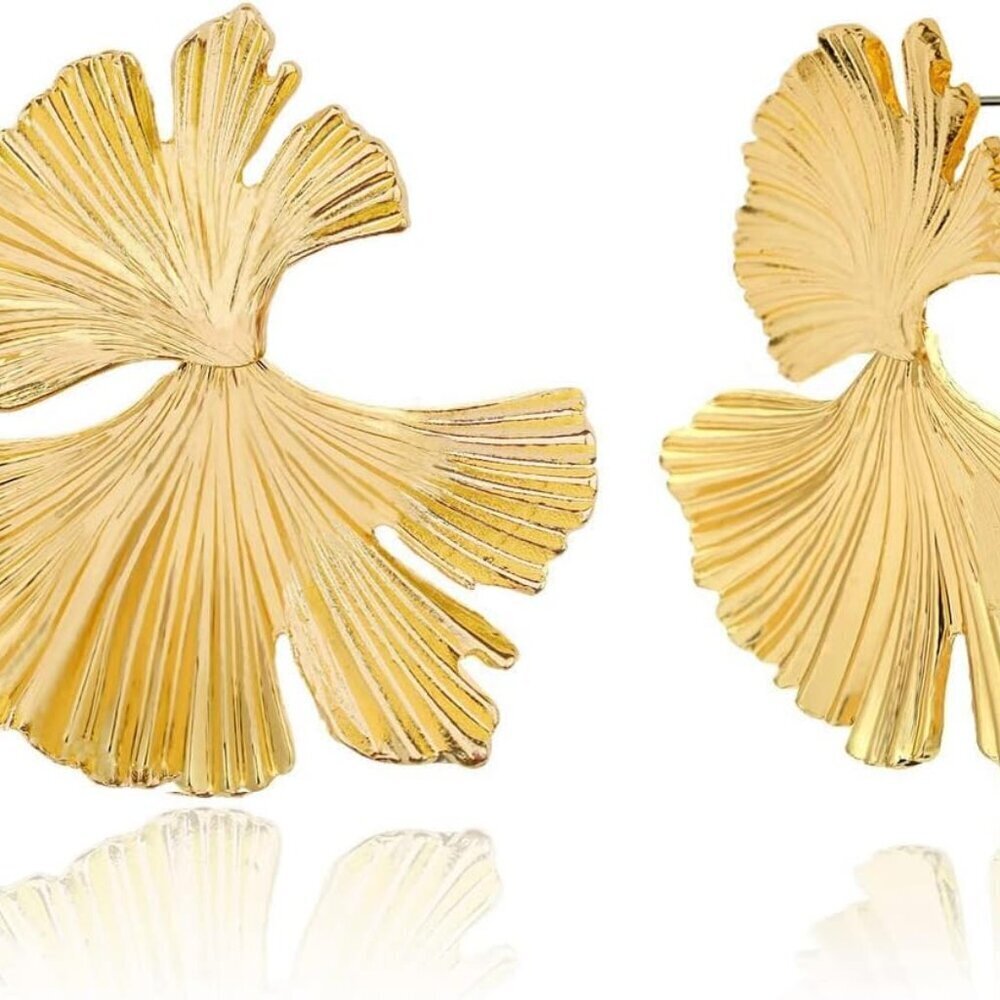 Ginkgo Leaf Earrings Gold Zinc Drop Dangle Statement Boho Jewelry